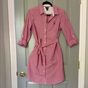 U.S. Polo Assn. Pink and White Striped Shirt Midi Dress with Tie Waist